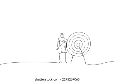 Cartoon of muslim business woman standing next to a huge target with a dart in the center, arrow in bullseye. Metaphor for reaching goals and objective. Continuous line art
