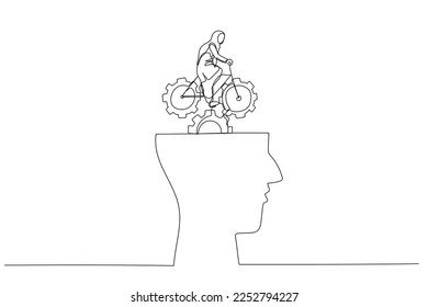 Cartoon of muslim businesswoman riding bike with gears on head