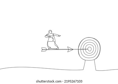 Cartoon of muslim businesswoman riding on arrow. Continuous line art style
