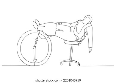 Cartoon of muslim businesswoman sleeping lay down on office chair and alarm clock covered his face with book. Afternoon slump, laziness metaphor. Single continuous line art style
