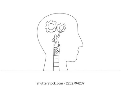 Cartoon of muslim businesswoman using the ladder and installing gear on people head concept of thinking