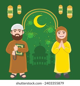 Cartoon muslim couple, man holding holy book quran and rosary beads and woman wearing hijab greeting in the mosque with beautiful fireworks at sky