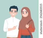 Cartoon Muslim Couple Standing Together Simmple Modern Clean Illustration with Smiling Faces and Modern Attire  