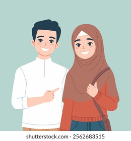 Cartoon Muslim Couple Standing Together Simmple Modern Clean Illustration with Smiling Faces and Modern Attire  