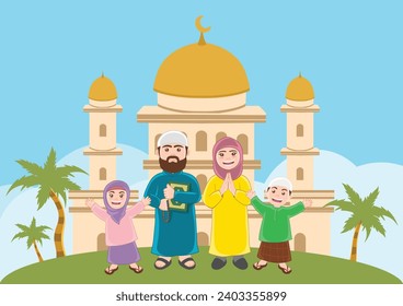 Cartoon muslim family, father holding holy book quran and rosary beads, a mother wearing hijab, children daughter and son in the mosque at beautiful blue sky, eid adha mubarak Vector Illustration