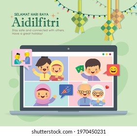 Cartoon muslim family having video chat on laptop screen. People meeting together via video call to celebrate festival. Online holiday party during quarantine. (translation: happy holiday)