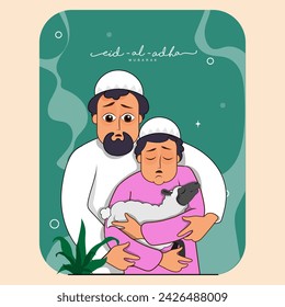 Cartoon Muslim Father His Son Holding Sheep on The Occasion of Eid-Al-Adha Mubarak.