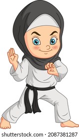 Cartoon muslim girl doing practicing karate
