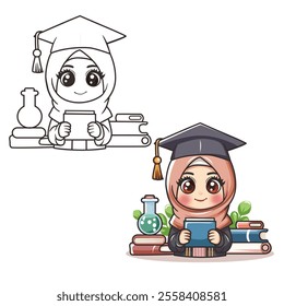 Cartoon muslim girl graduation vector with toga hat 
holding a book bachelor of science