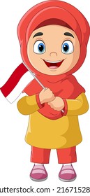 Cartoon muslim girl holding an Indonesian Flag