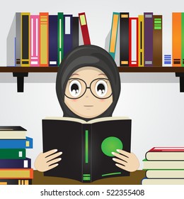 Cartoon of Muslim Girl Reading a Book.Vector Illustration.