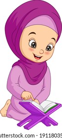 Cartoon muslim girl reading Quran