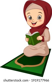 Cartoon muslim girl reading Quran book