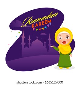 Cartoon Muslim Girl Showing Mosque on Purple Abstract Background for Ramadan Kareem Celebration.