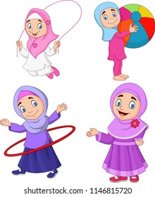 Cartoon muslim girls with different hobbies