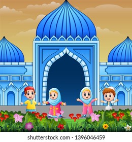 Cartoon of muslim kid in front the mosque