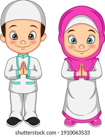 Cartoon muslim kid greeting salaam