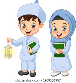 Cartoon muslim kid holding Quran book with ramadan lantern