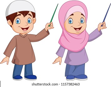 Cartoon Muslim kid presenting