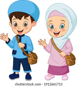 Cartoon Muslim Kids Going To School