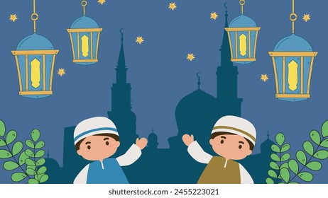 Cartoon Muslim kids with mosque ornament background, Eid al-Fitr, Eid al-Adha, prophet's birthday