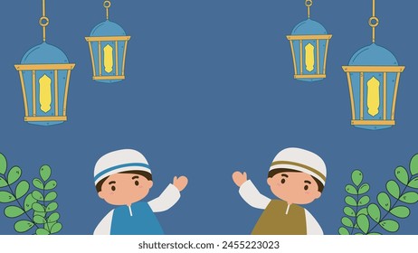 Cartoon Muslim kids with mosque ornament background, Eid al-Fitr, Eid al-Adha, prophet's birthday