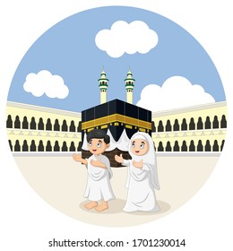 Cartoon Muslim Kids Prayer In Mecca