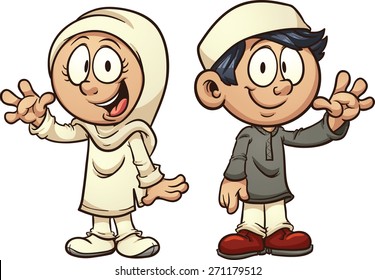 Cartoon Muslim kids. Vector clip art illustration with simple gradients. Each on a separate layer.