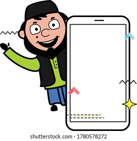 Hombre musulmán de dibujos animados con pantalla de teléfono móvil vacía
