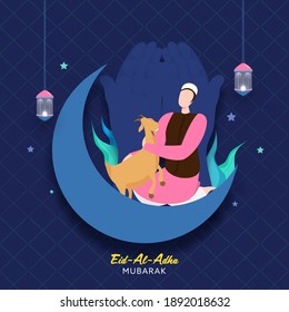 Cartoon Muslim Man holding a Brown Goat with Crescent Moon, Praying Hands and Hanging Illuminated Lanterns on Blue Rhombus Pattern Background for Eid-Al-Adha Mubarak.