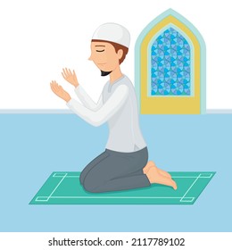 Cartoon a muslim man kneeling praying, illustrator vector cartoon drawing
