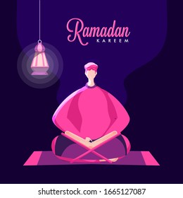 Cartoon Muslim Man Reading Quran (Holy Book) and Hanging Illuminated Lantern on Purple Background for Ramadan Kareem Celebration.