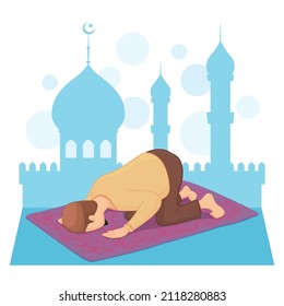 Cartoon Muslim man saying praying on his knees, illustrator vector cartoon drawing
