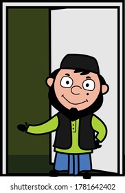 Cartoon Muslim Man Standing at door