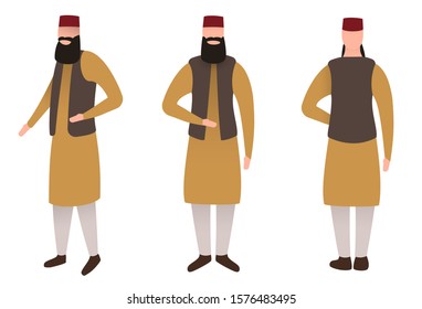 Cartoon muslim man in traditional clothes isolated on white background. Colorful character in different position. Front, rear, side view.  Flat design style. Vector illustration.