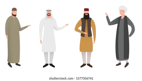 Cartoon muslim man in traditional clothes isolated on white background. Colorful character in different position. Front, rear, side view.  Flat design style. Vector illustration.