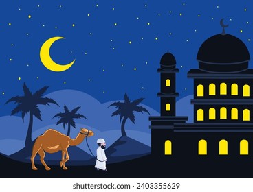 Cartoon muslim man walking with a camel in desert sand at beautiful night sky with crescent moon and star, happy eid adha mubarak Vector Illustration