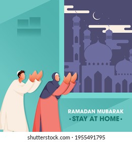 Cartoon Muslim Man And Woman Offering Namaz (Prayer) In Night Time On Turquoise And Blue Mosque Background For Ramadan Mubarak, Stay At Home.
