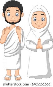 Cartoon Muslim Man and Woman wearing Ihram clothing
