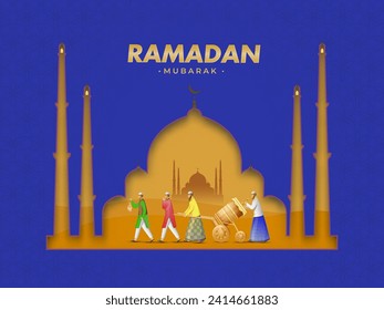 Cartoon Muslim Men Beating Tabu Debug (Drum) on the Occasion Of Ramadan Mubarak in front Mosque illustration.