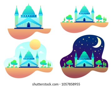 Cartoon Muslim Mosque on white background . For Eid Mubarak fitr greeting card