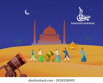 Cartoon Muslim People Playing Tabu Debug Drum with Mosque on Desert at Crescent Moon for Ramadan Mubarak Celebration Concept.