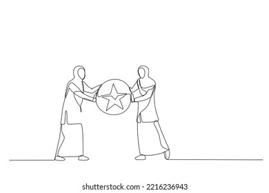 Cartoon of muslim woman boss giving golden star badge to winning employee. Metaphor for recognition. Single line art style
