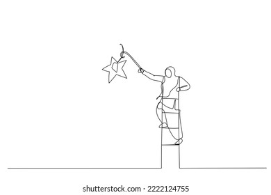 Cartoon of muslim woman climbing up ladder to the top high into the sky to grab the star. One continuous line art style
