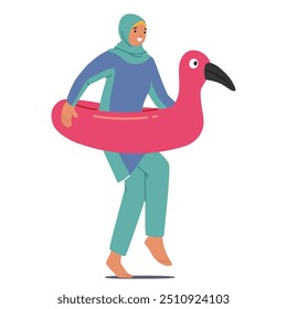 Mulher Muçulmana De Desenho Animado Vestida Com Modas De Banho, Felizmente Segurando Um Flamingo Rosa Flutuando. Ilustração De Vetor De Desenho Animado Transmite Uma Sensação De Alegria, Lazer, Férias E Diversidade Cultural Durante Excursões Na Praia