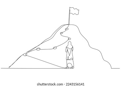 Cartoon of muslim woman enterpreneur following the lines leading to the top of success. Single line art style