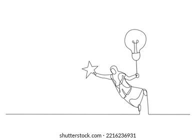 Cartoon of muslim woman flying with lightbulb idea to catch star in the sky. Metaphor for innovation. Single line art style
