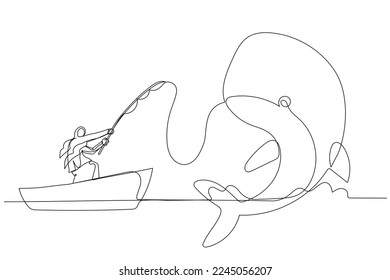 Cartoon of muslim woman get big fish whale concept of catching big profit. One line style art