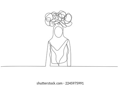 Cartoon of muslim woman head looking like messy line metaphor of work pressure on worker. One line art style