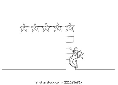 Cartoon of muslim woman holding 5th star climb up ladder to put on best rating. Concept of customer feedback. Single line art style
